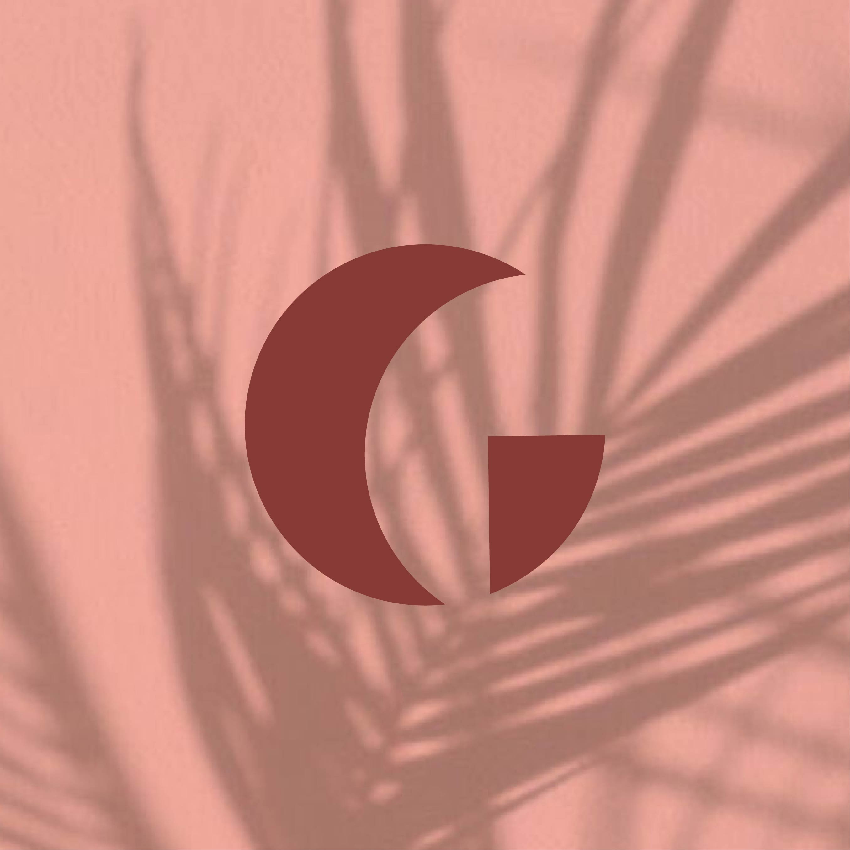 Gabriella's moon logo on a pink background with palm leaf shadows